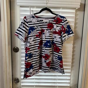 Alfred Dunner White, Black, Red & Blue Striped Floral Top
